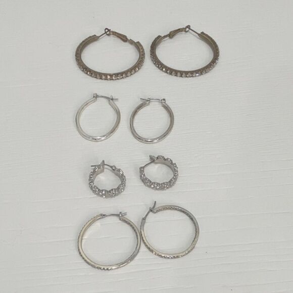 Set Of 4 Hoop Earrings In Silver Tone - Picture 1 of 6
